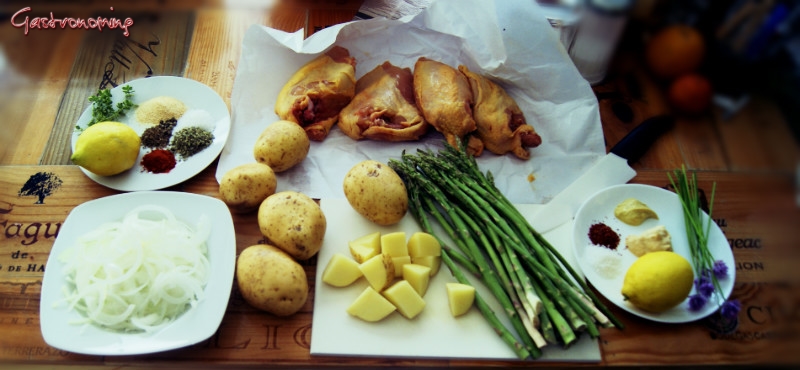 Pollo de campo con patatas al limón y espárragos trigueros
