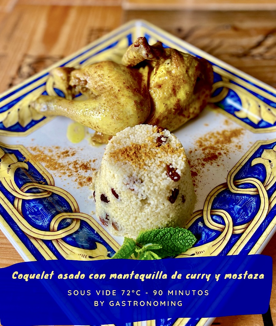 Coquelet asado con mantequilla de curry y mostaza (sous vide)